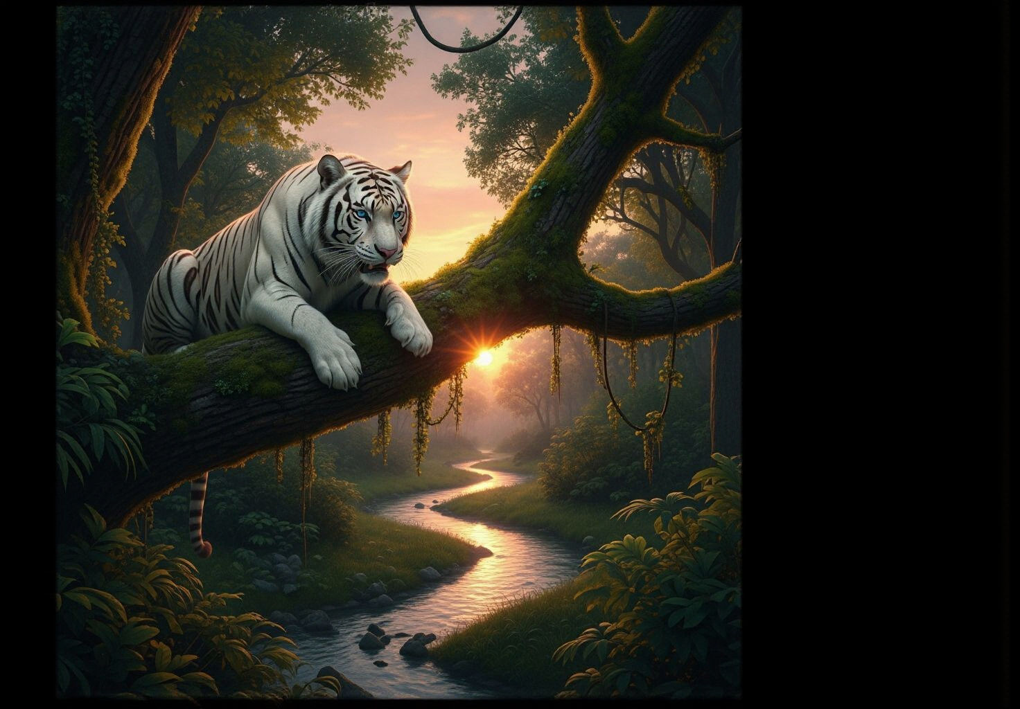 White Tiger Jungle Sunset in Cinematic Style