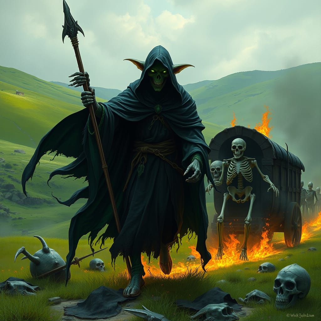 Dark Fantasy Goblin Lord Leads Burning Wagon Train Across Em...