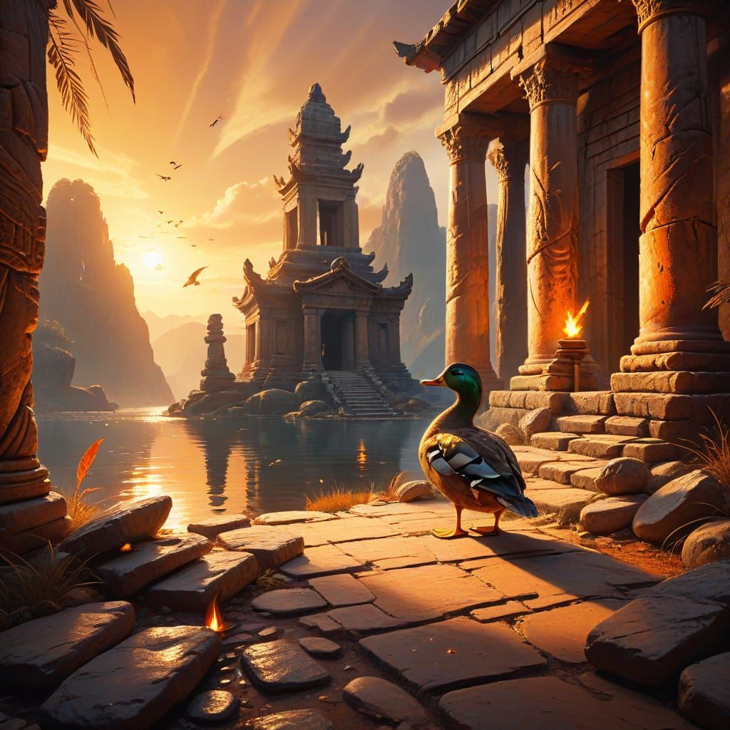 Duck Traveler at Forgotten Temple: Vibrant Oil Painting
