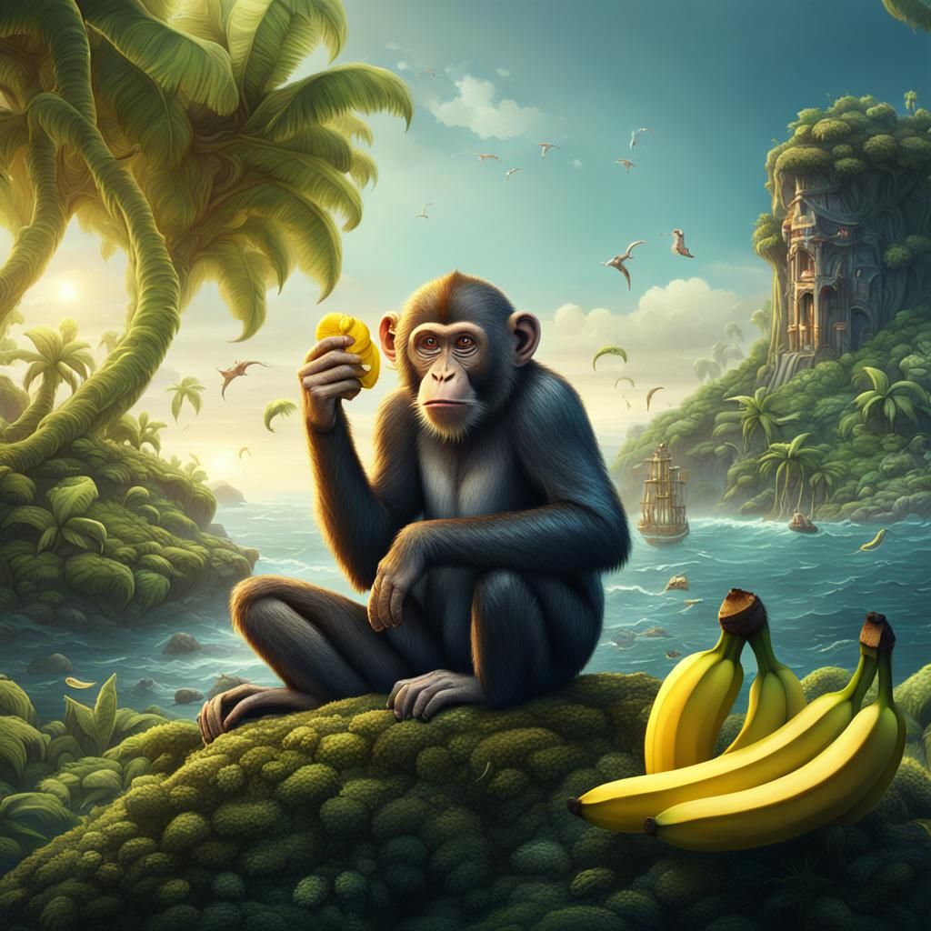 Monkey Eating Banana on Island: Detailed Fantasy Art