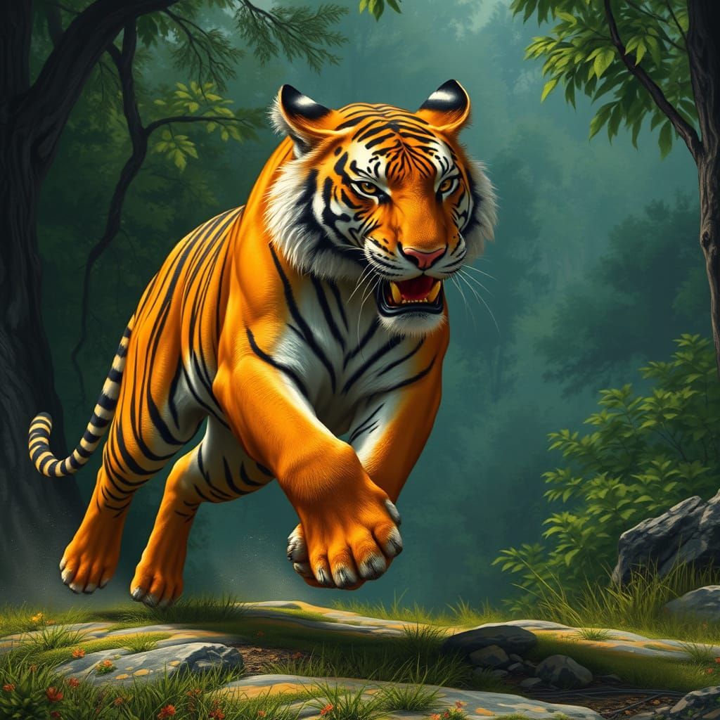 Majestic Tiger in Lush Forest, Inspired by Ivan Shishkin