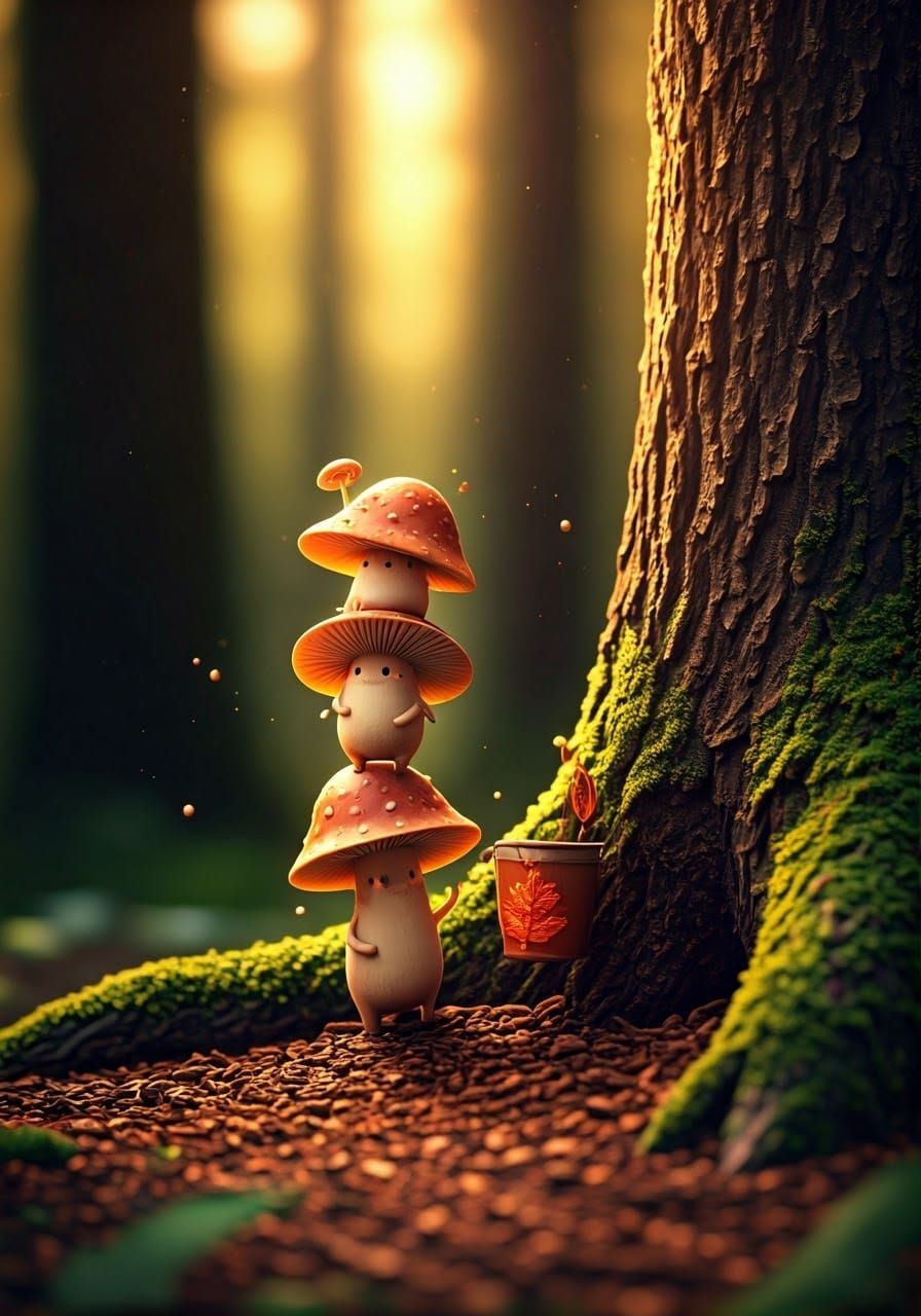 Whimsical Mushroom Harvesters in a Lush Forest Scene