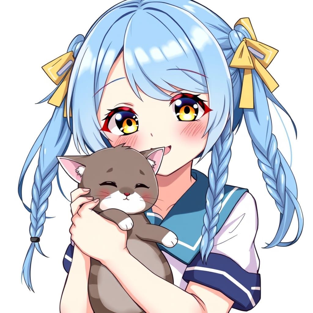 Cute Anime Girl with Blue Hair and Yellow Eyes Smiles with H...