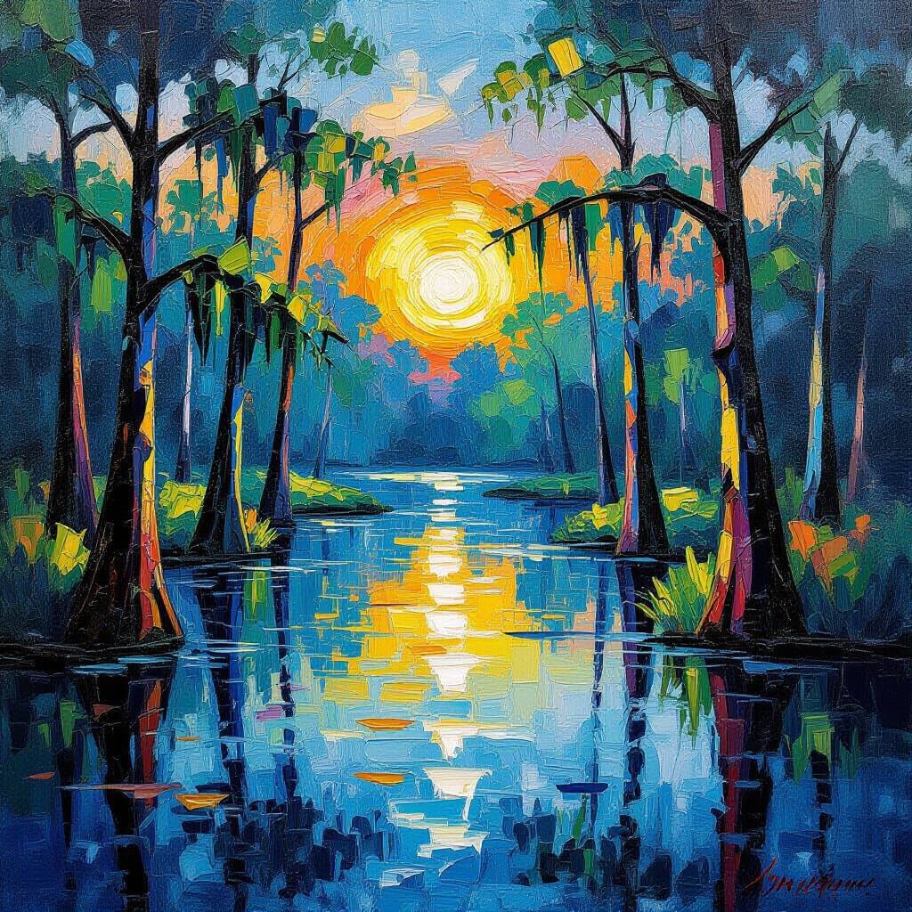 Bayou Swamp Oil Painting in Neo-Impressionist Style