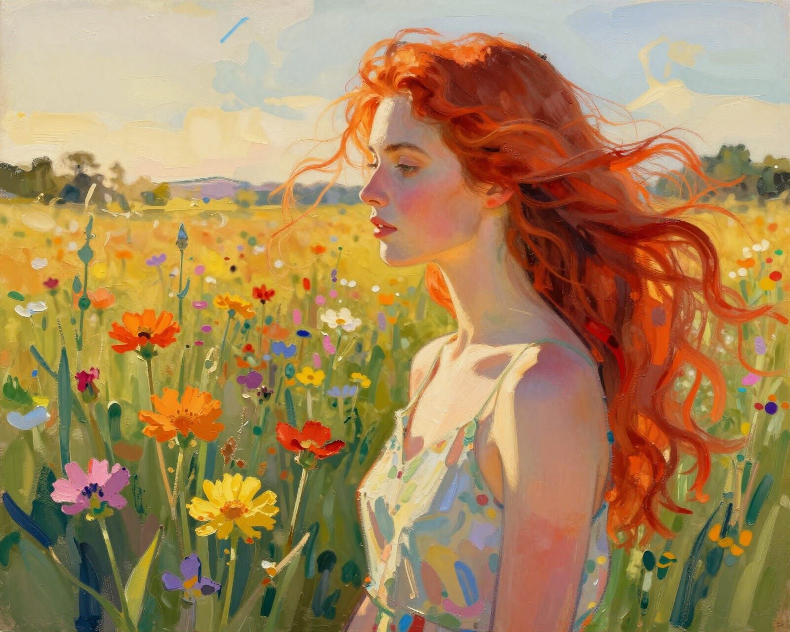 Serene Woman in Wildflower Field at Golden Hour