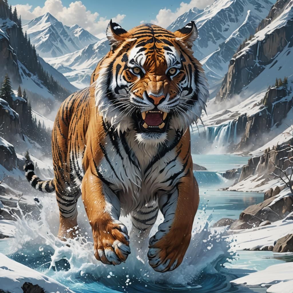 Roaring Tiger Runs Towards Blue Lake