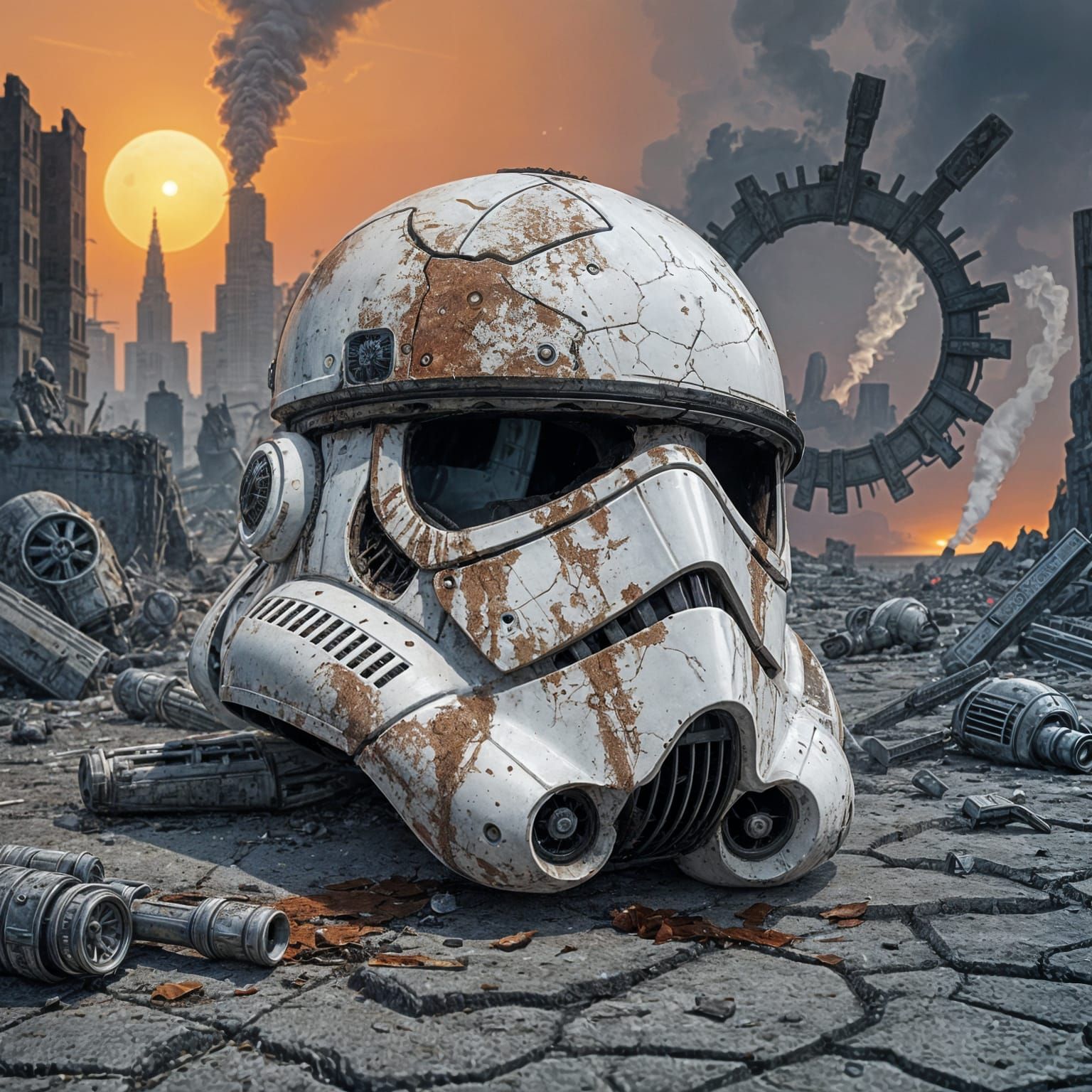 Battle-Scarred Stormtrooper Helmet Amidst Ruins