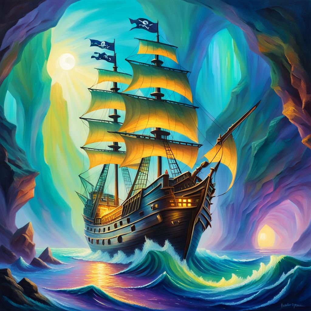 Glowing Pirate Ship in Misty Cave, Oil Painting