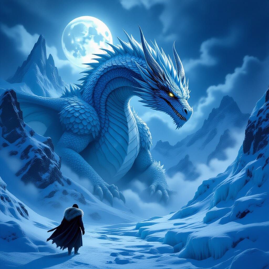 Colossal Ice Dragon Guards Ancient Temple on Glacial Peak