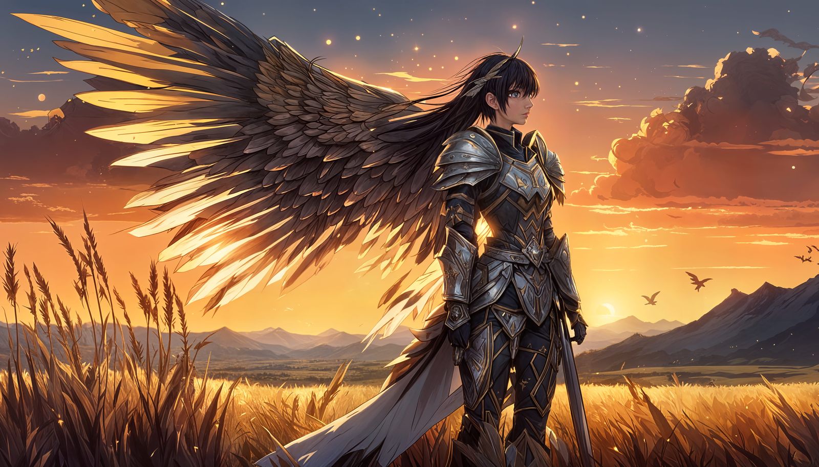 Anime Girl Hussar in Golden Field at Sunset