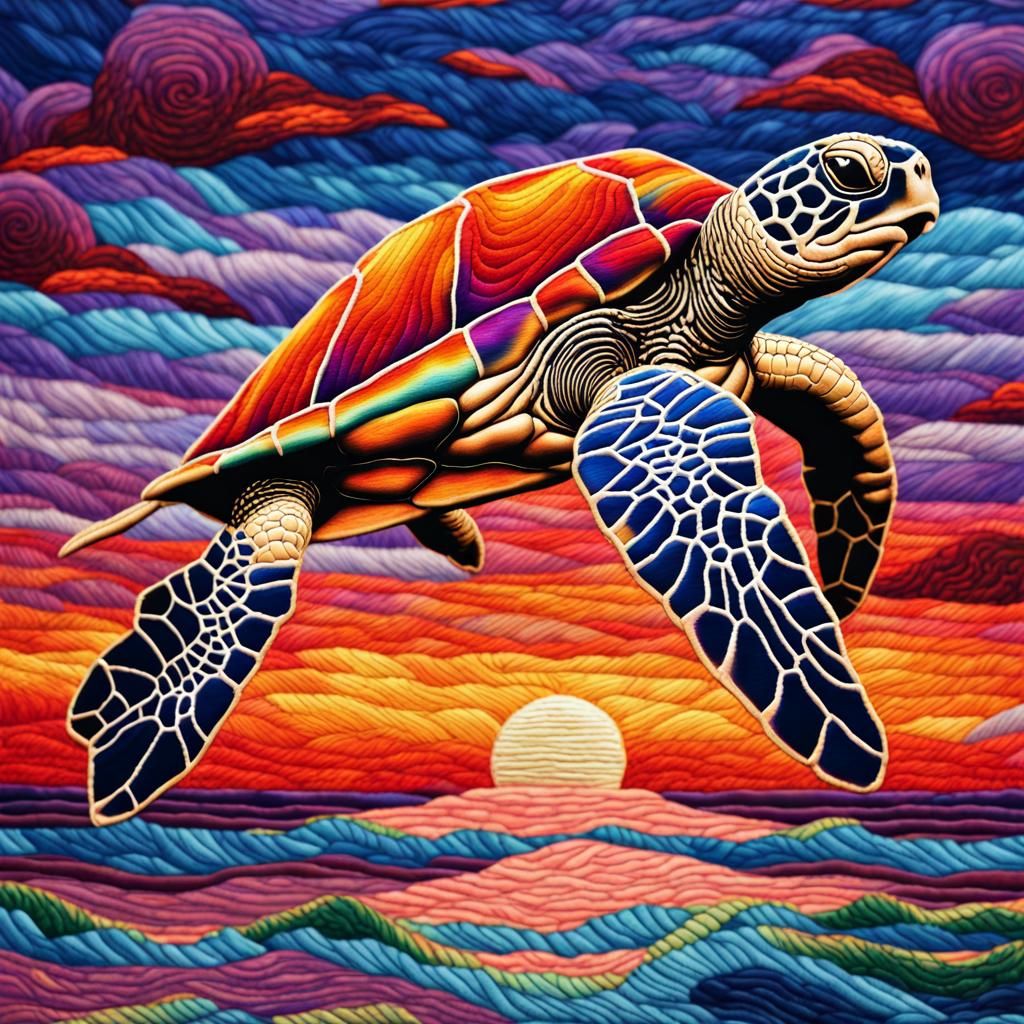Glass Embroidery Sea Turtles at Sunset