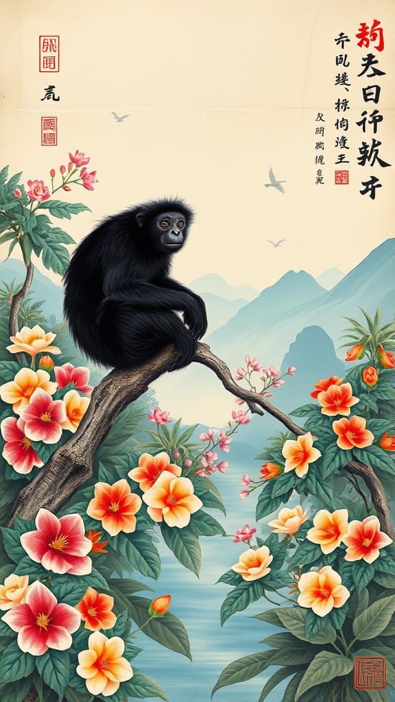 Elegant Hainan Black Crested Gibbon in Vibrant Tropical Lago...