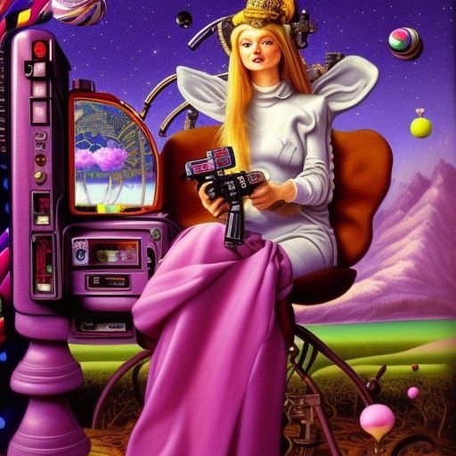 Steampunk Goddess Gaming in Candy Land, Pop Surrealism