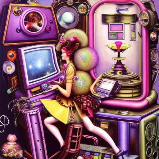 Steampunk Woman Playing Video Game in Candy Land