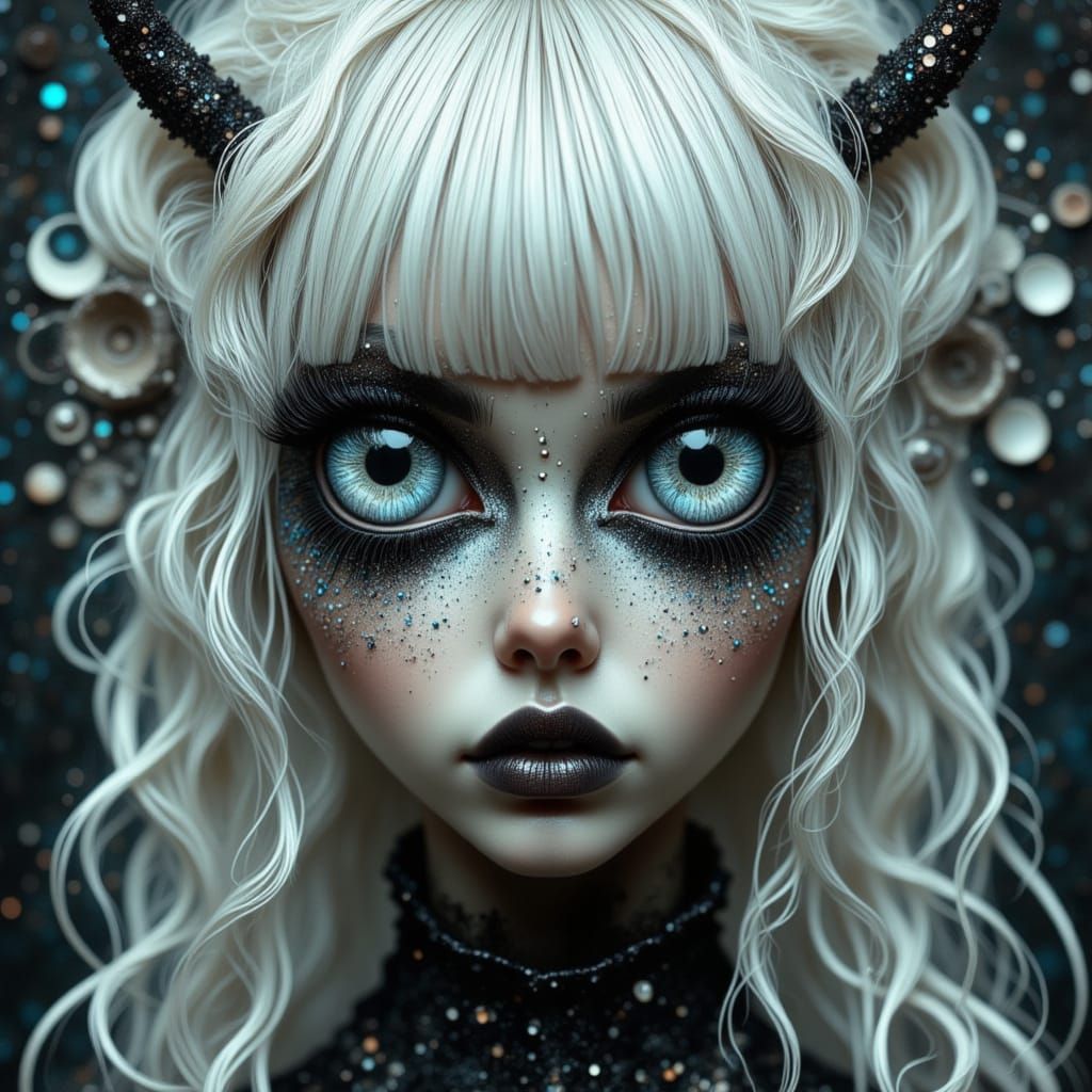 Whimsical Woman with Silver Eyeshadow in Burton Style