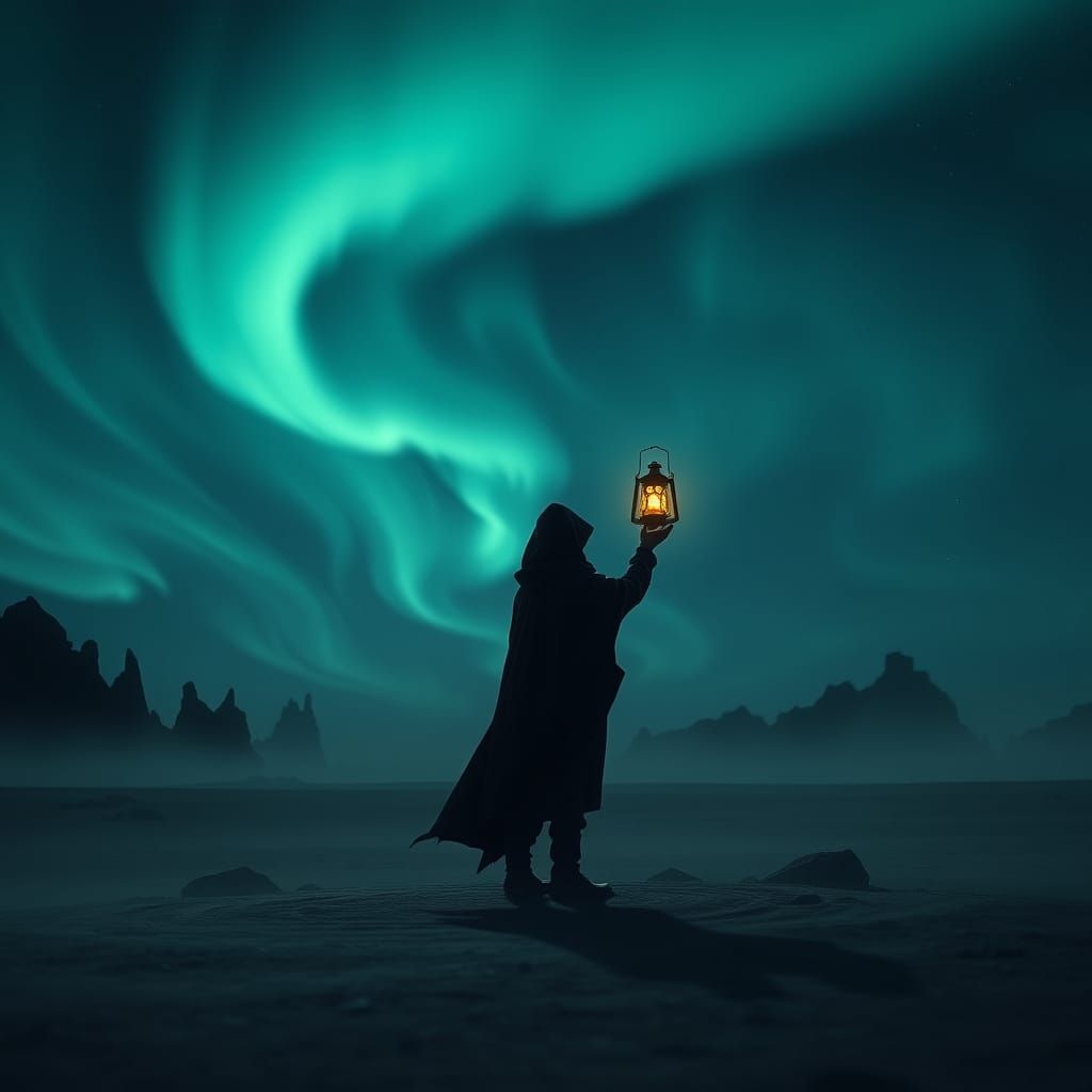 Mysterious Figure Under Swirling Aurora Borealis