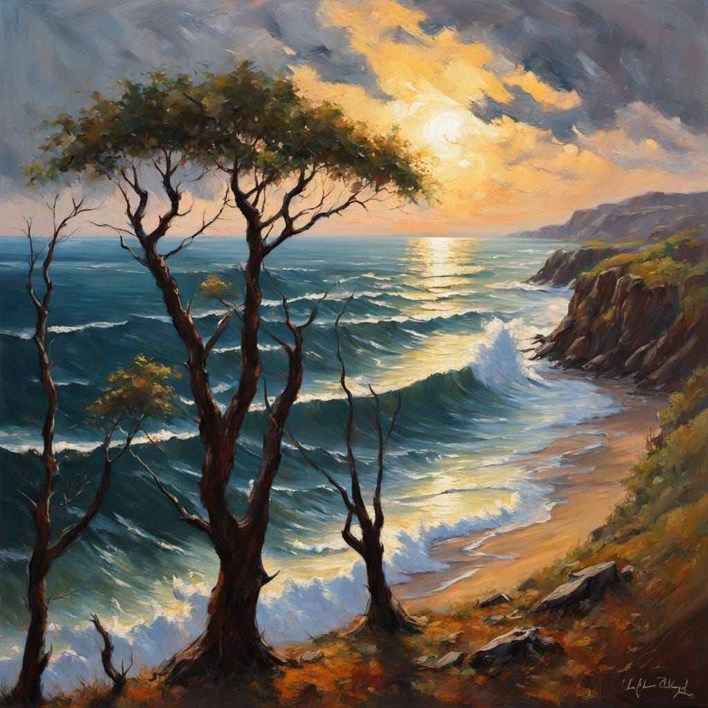 Impressionistic Oil Painting of Trees Bending Over a Stormy ...