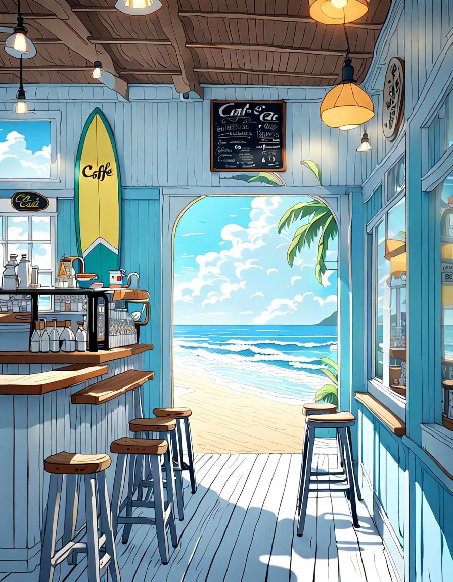Charming Beachside Cafe in Anime Style
