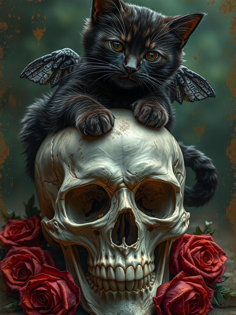 Winged Black Cat Resting on Skull with Roses