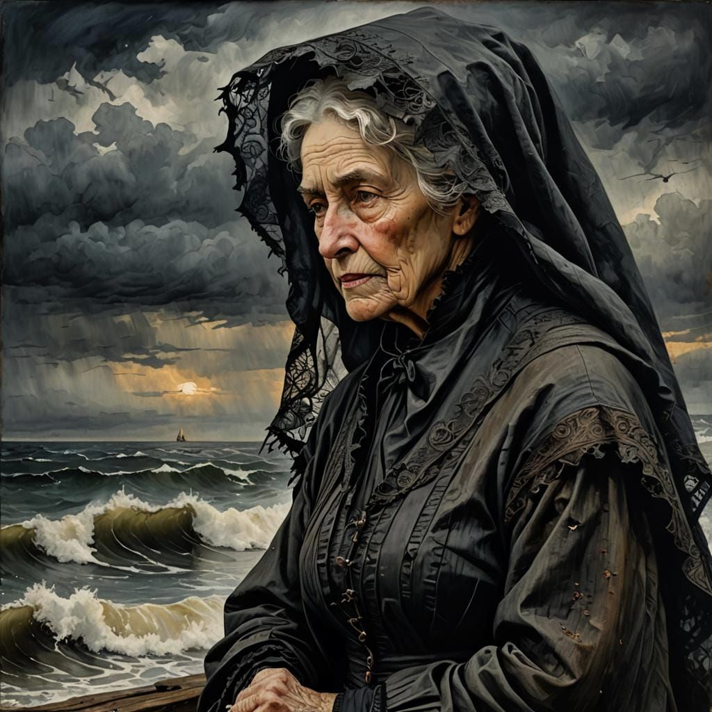 Victorian Woman in Mourning on a Stormy Shore