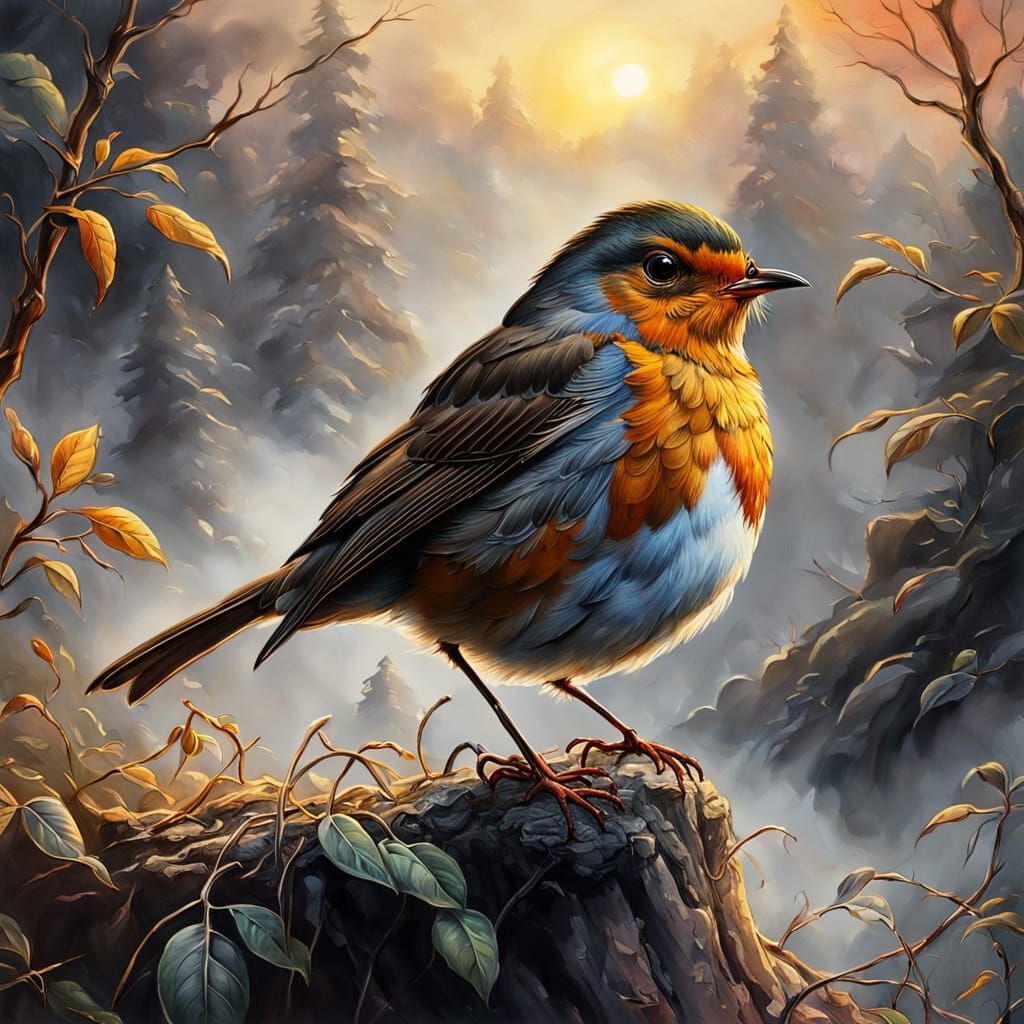 Robin in Mist: A Gouache and Charcoal Fantasy