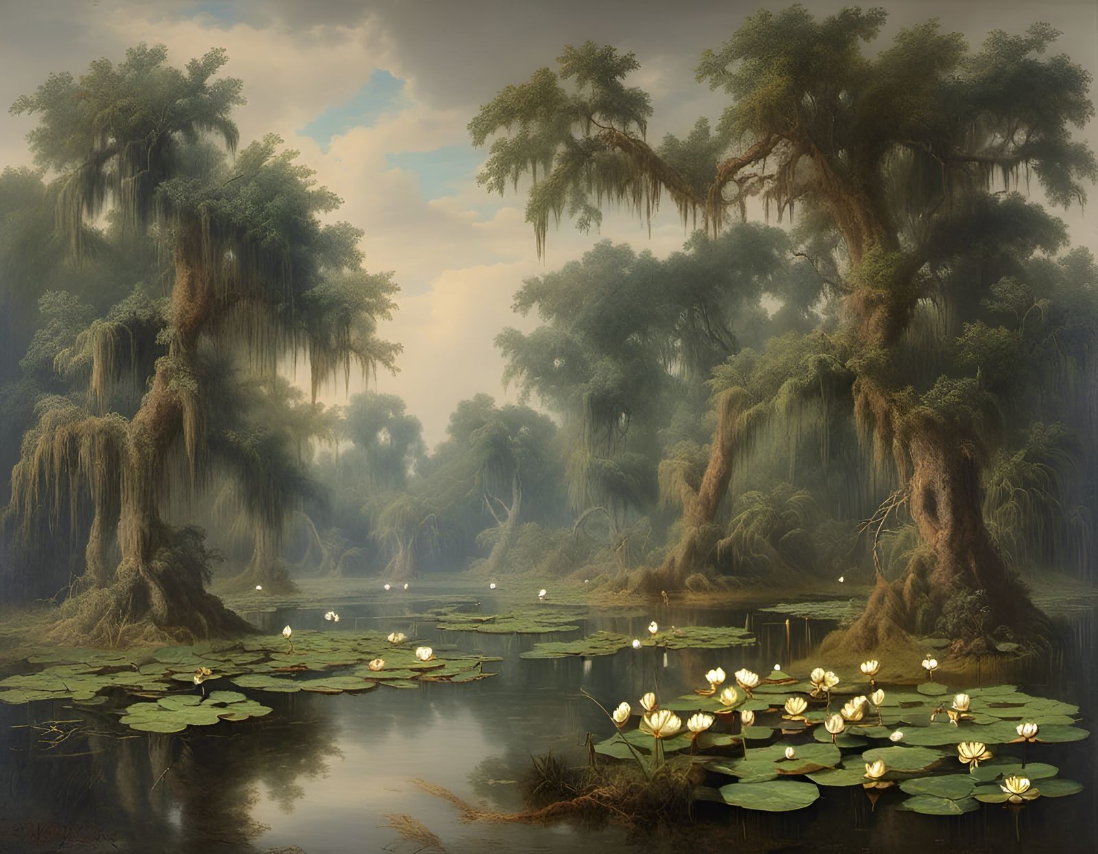 Bayou, water lilies, Cypress trees, Spanish Moss, 1850s, Oil...