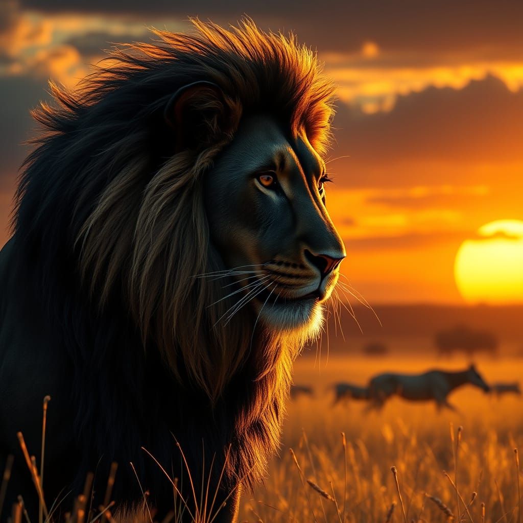 Majestic Melanistic Lion in Hyperrealistic Style