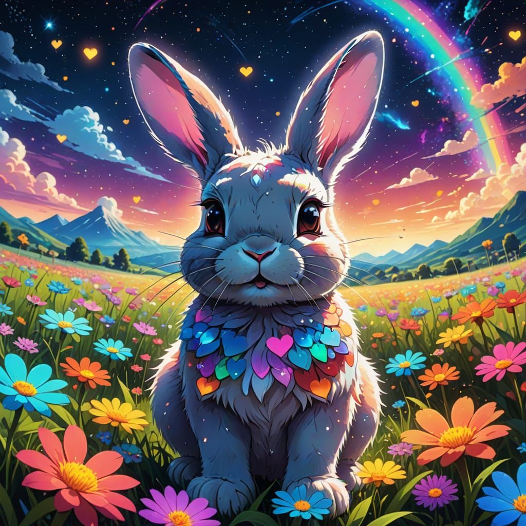 Cute Rabbit in Flower Field: Anime Manga Style