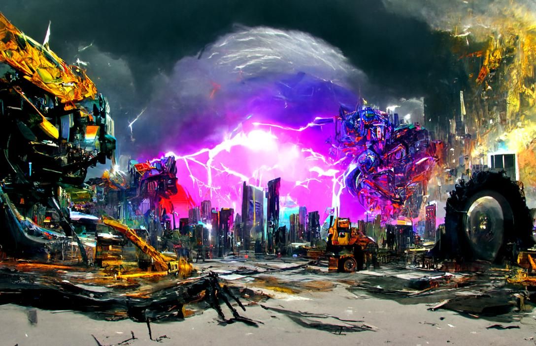 A giant transformer robot rampages throught the city destroy...