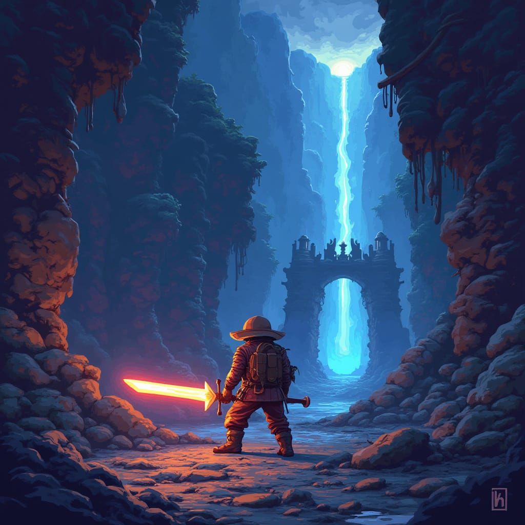 Pixel Art Adventurer in Mystical Dungeon with Glowing Sword