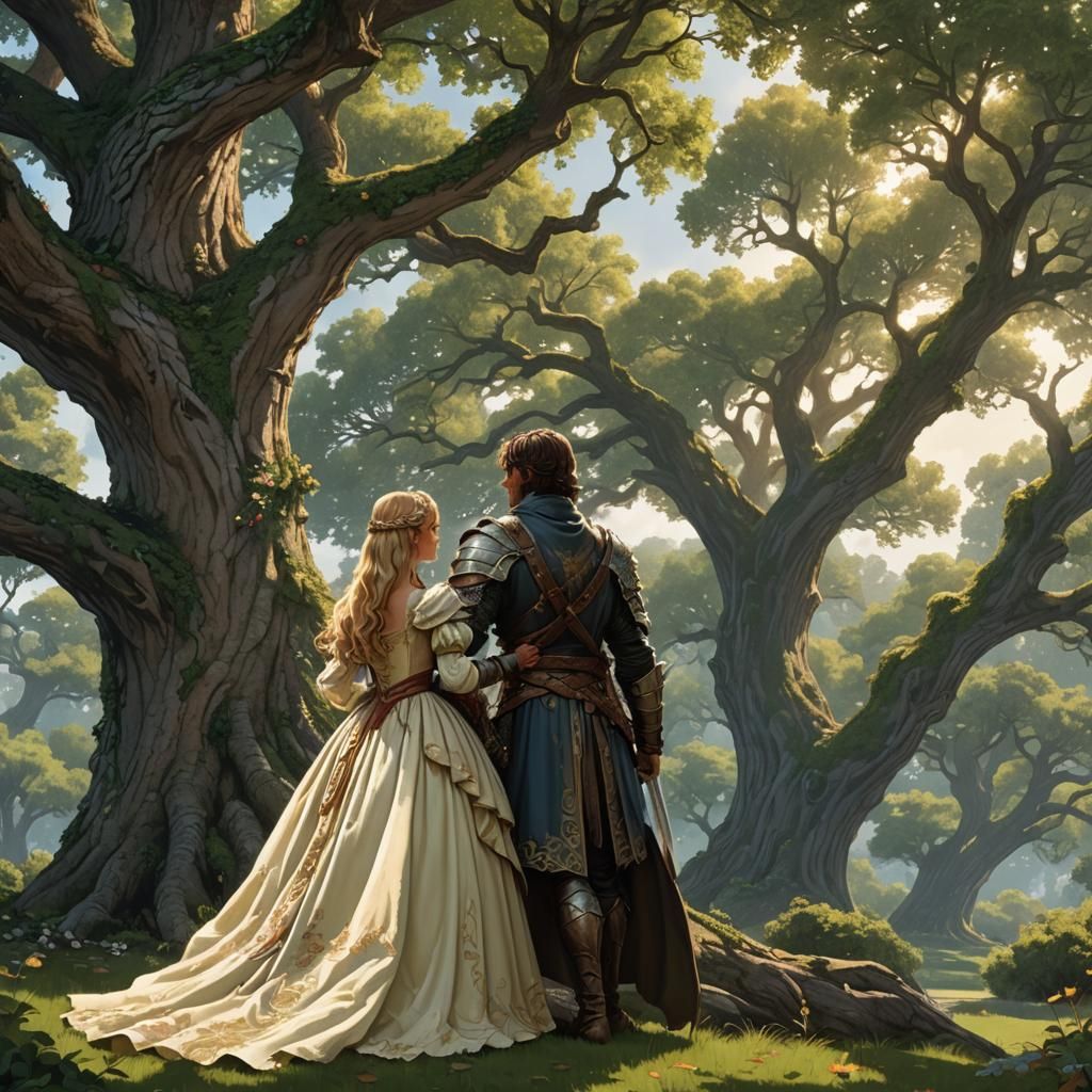 Dragonslayer and Princess Embrace Under Oak Tree