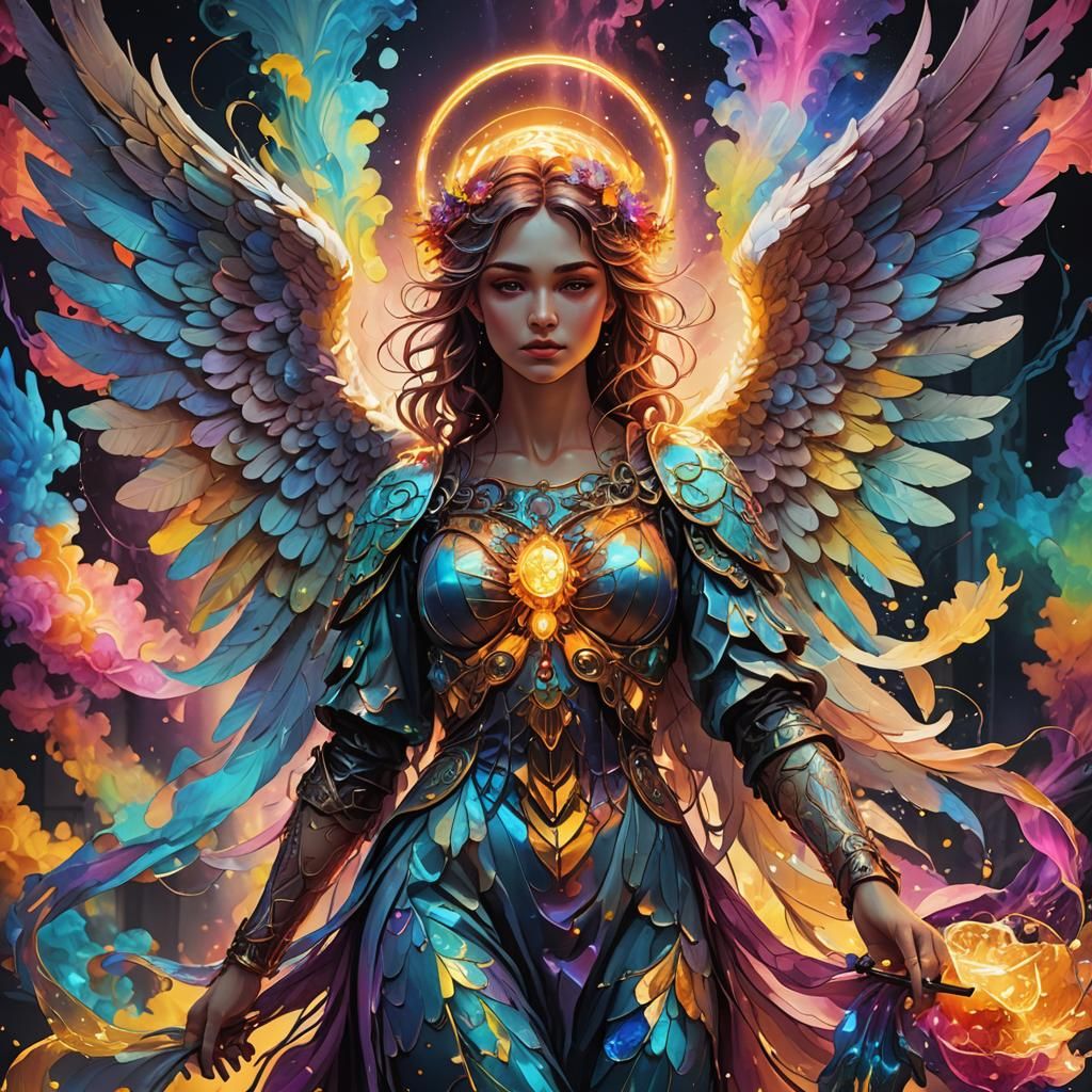 Neon Angel Illustration in Detailed Matte Painting Style