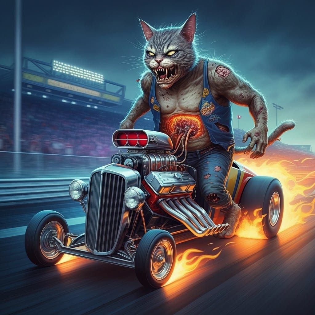 Grotesque Zombie Cat Hotrod in Kustom Kulture Style