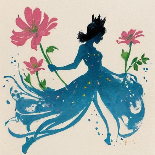 Princess Silhouette with Flowers in Pointillist Style