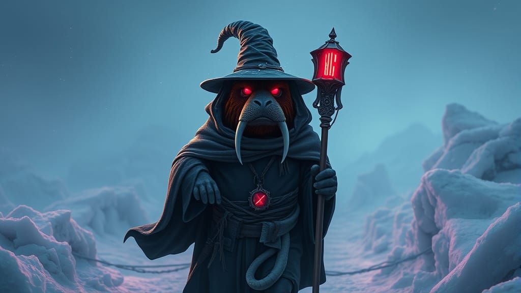 Walrus Grand Wizard in Cyberpunk Landscape