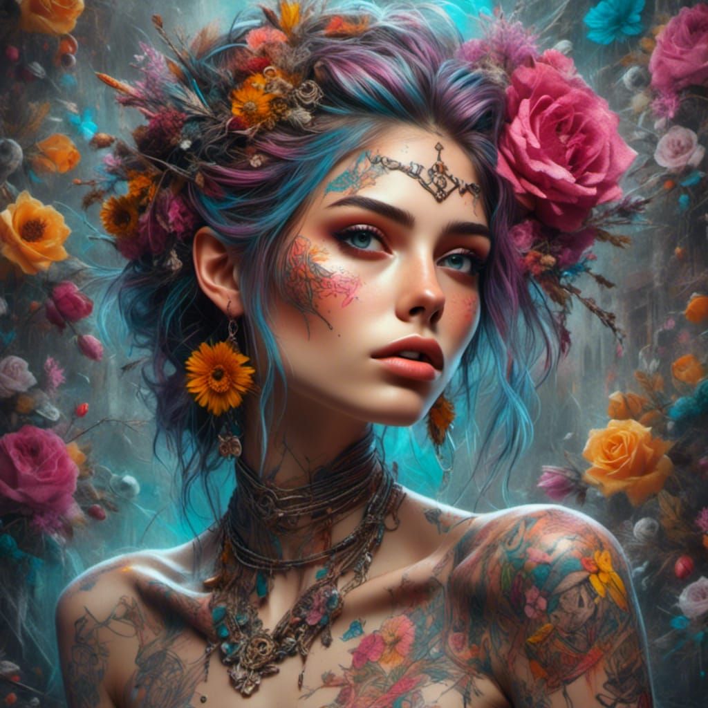 Punk Street Girl with Neo-Traditional Tattoos