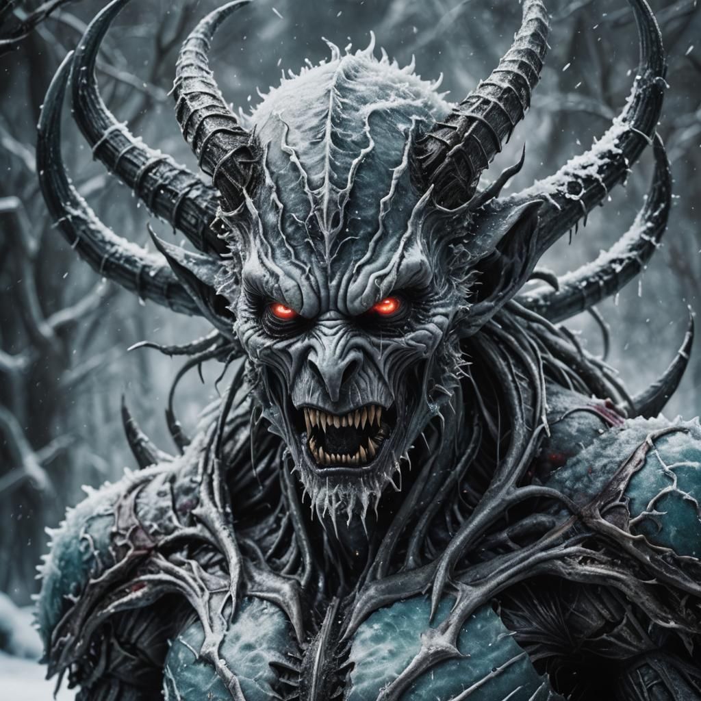 Frozen Demonic Alien Master in Hyperrealistic Style
