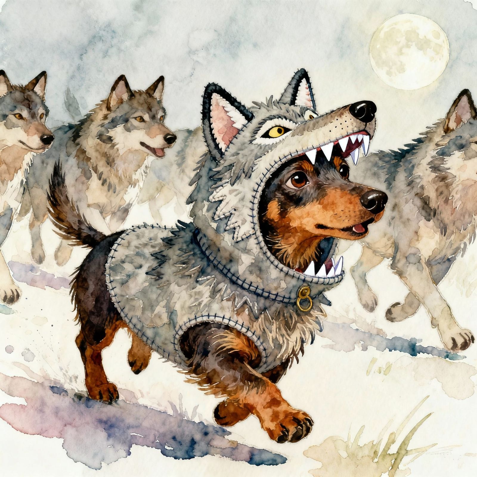 Dachshund in Wolf Costume Runs with Pack