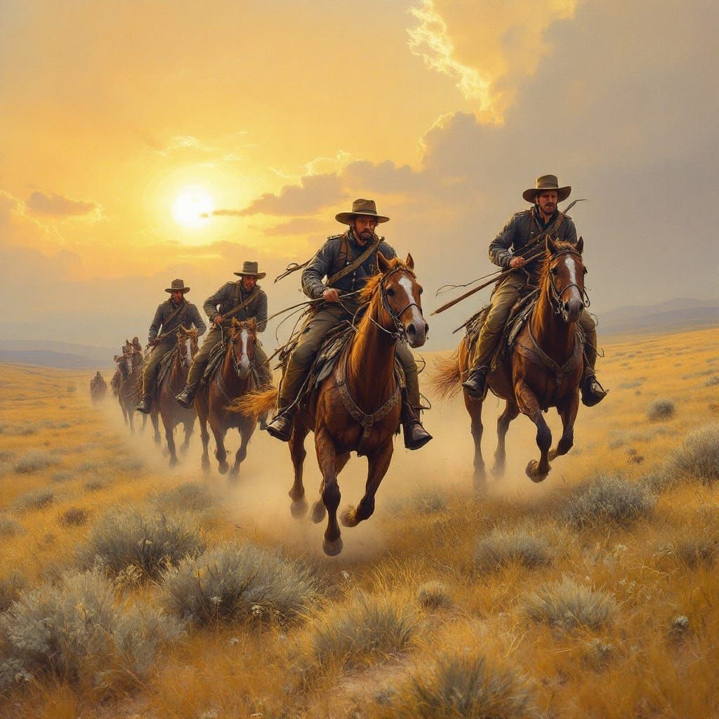 Cavalrymen Ride in Golden Light of Sunset