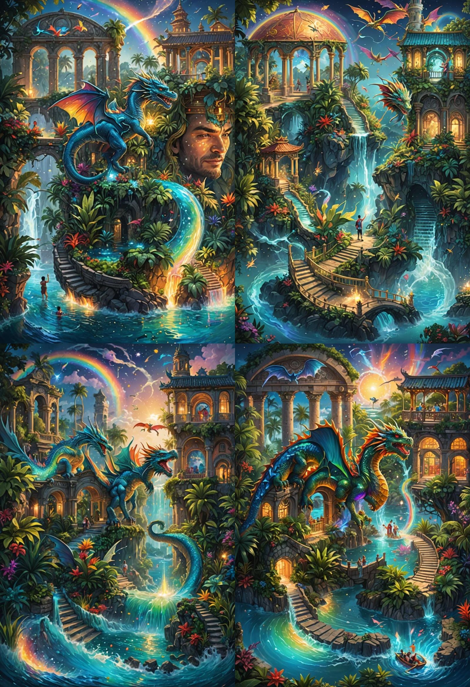 Magic Dragon Island at Night: Hyperrealistic Splash Art