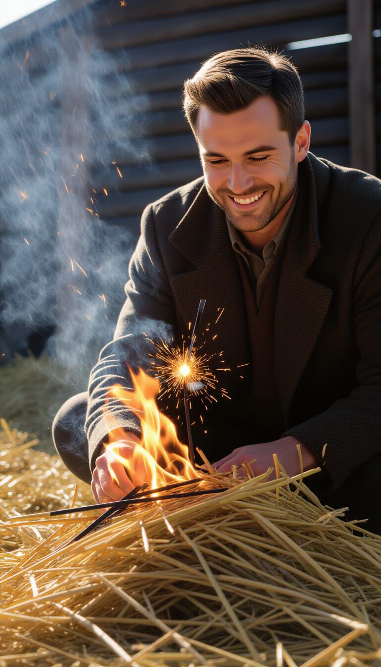 Glowing Ember Ignites Dry Straw Near Unaware Man