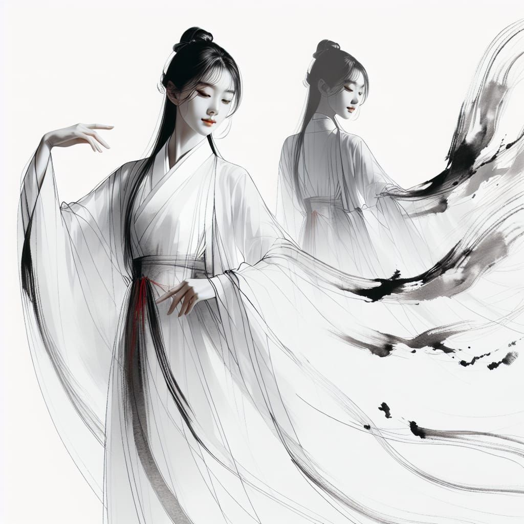 East Asian Woman in Flowing Robe, Chinese Ink Art