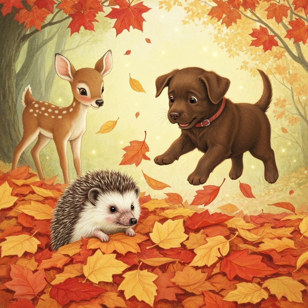 Cute Animals Playing in Autumn Leaves Storybook Style