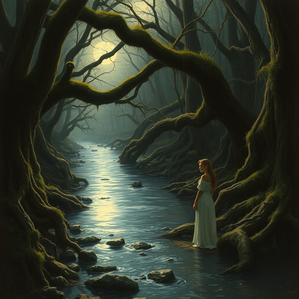 Ethereal Forest Stream by Moonlight