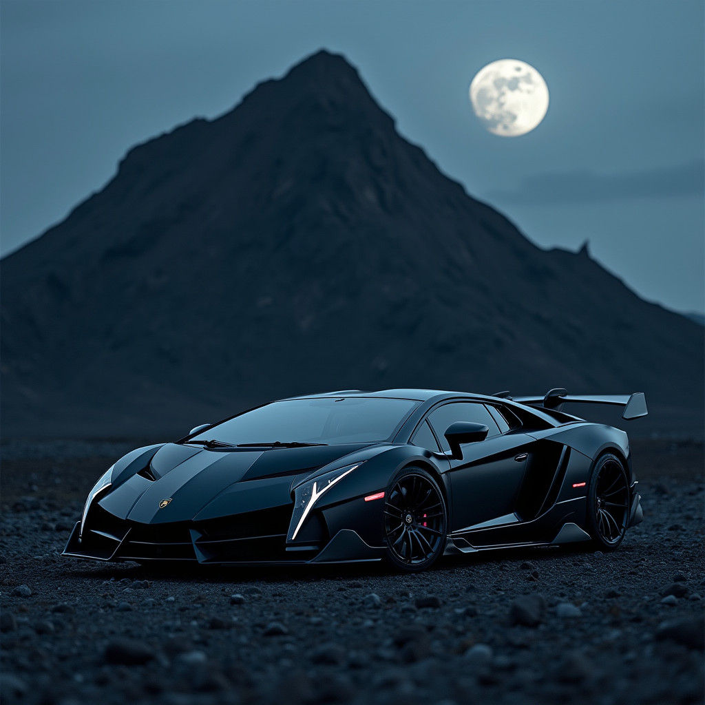 Matte Black Lamborghini Veneno Under Moonlight, Cinematic Sh...