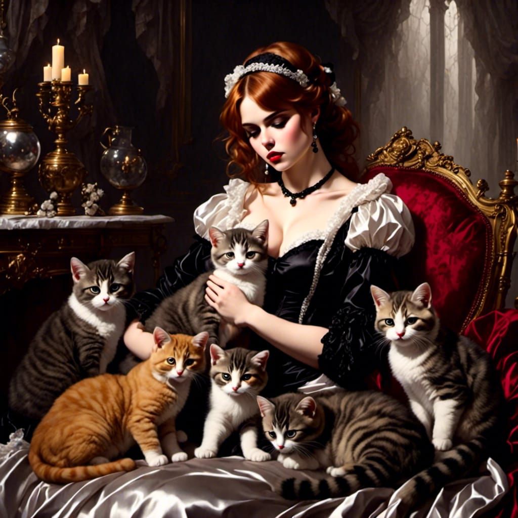 Gothic Angel Holding Cats with Brown Hair