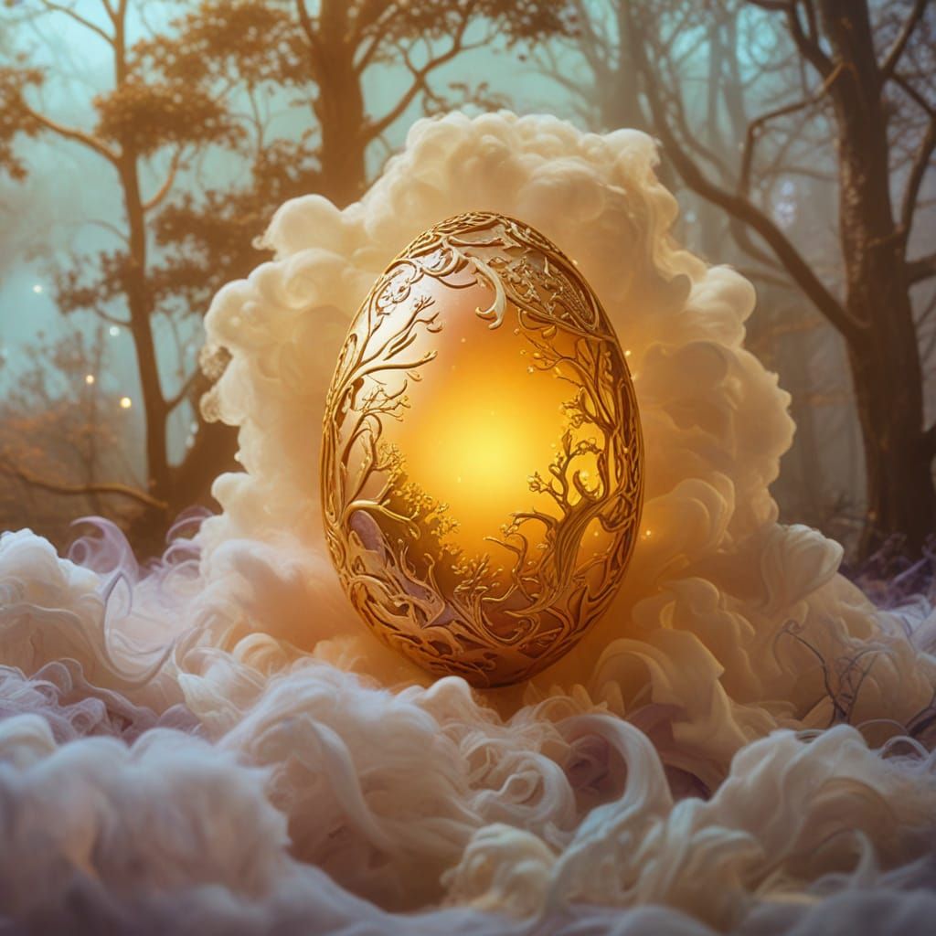 Surreal Golden Egg in Mystical Forest Glows with Ethereal Li...