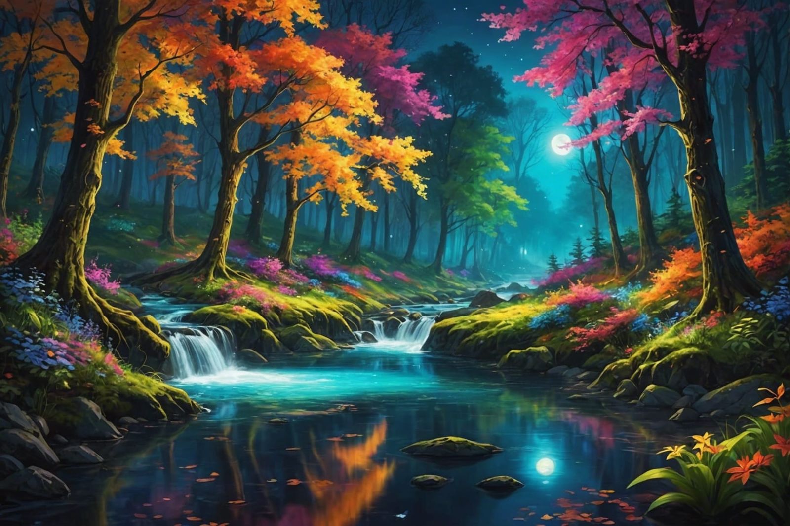 Enchanting magical forest at night