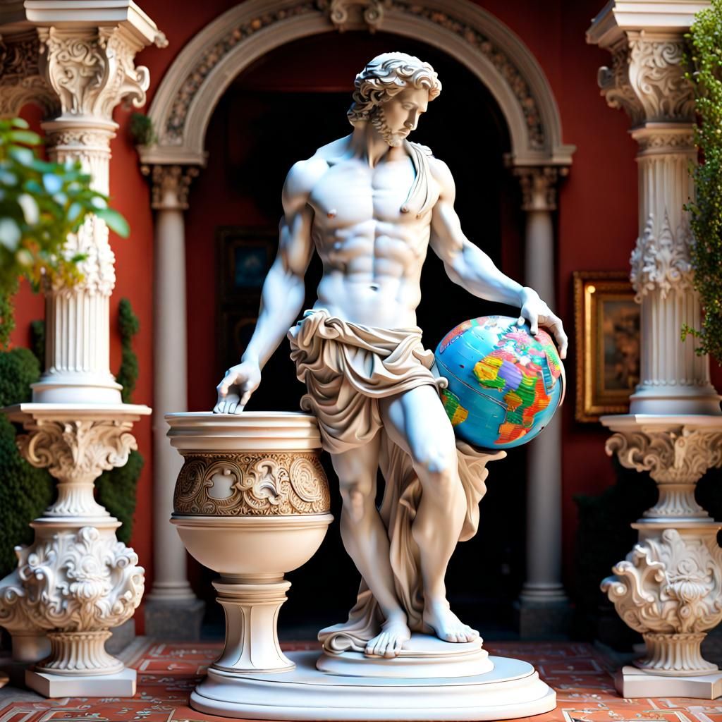 Atlas holding up a large detailed vividly colored world glob...