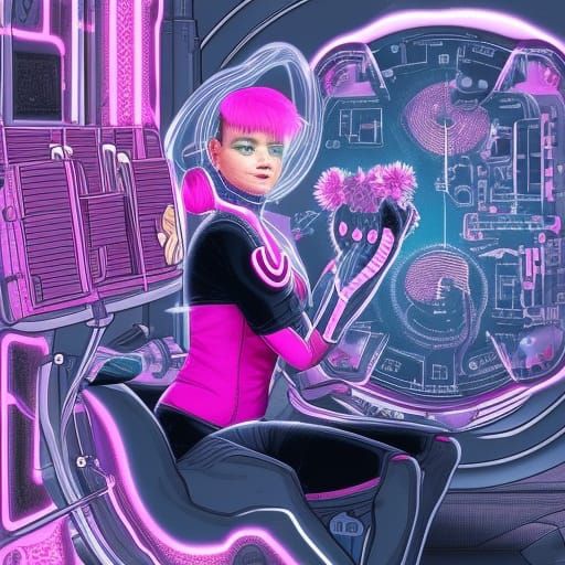 Pink Cyborg Unplugging from Matrix: AI Art